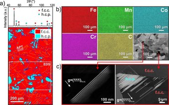 Fig. 1:  (a) XRD and EBSD patterns reveal that the structure consists of f.c.c. and h.c.p. phases (DP structure). (b) EDS maps and BSE images from the region marked in (a) show the uniform distributions of all elements at the grain-scale. (c) ECCI analysis shows stacking faults and h.c.p. phase within the f.c.c. matrix. Three-dimensional APT tip reconstructions taken from the region marked in (a) are given in Supplementary Fig. S1. Fig. 1:  (a) XRD and EBSD patterns reveal that the structure consists of f.c.c. and h.c.p. phases (DP structure). (b) EDS maps and BSE images from the region marked in (a) show the uniform distributions of all elements at the grain-scale. (c) ECCI analysis shows stacking faults and h.c.p. phase within the f.c.c. matrix. Three-dimensional APT tip reconstructions taken from the region marked in (a) are given in Supplementary Fig. S1.