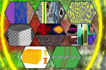 Hexagonal collage with various scientific patterns and structures.