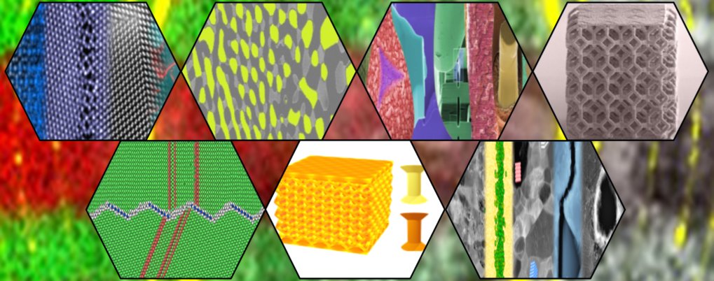 Sechseckige Collage mit verschiedenen wissenschaftlichen Mustern und Strukturen.