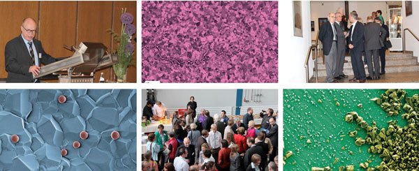 Six images, including a speaker at a podium, a crowd, and microscopic views.