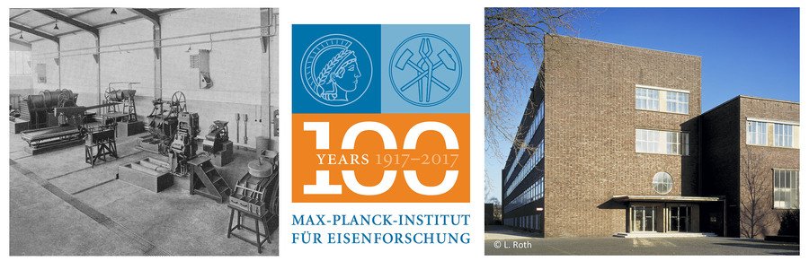 Historic lab with equipment, centenary logo, modern institute building.