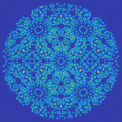 Convex-hull based simulation of a field ion micrograph obtained for a 20nm-radius body centred cubic needle-shaped specimen. Colour scheme indicates various intensities of imaged atoms. Such images are being used to train a machine-learning algorithm to automatically extract atomic positions at the specimen’s surface and help reconstruct true atomically-resolved tomograms from FIM.