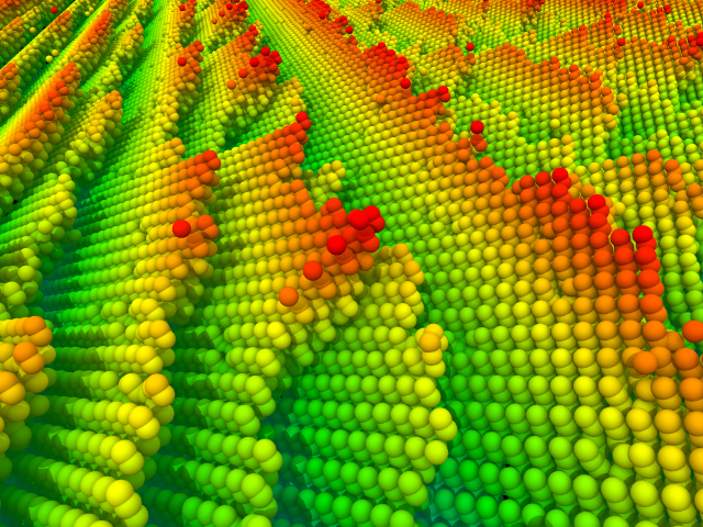The figure shows recent results on grain boundary migration. In contrast to previous assumptions the migration process must be captured fully in 3D, as the boundary migrates by addition of atoms to kink sites along roughened step edges. In the figure, only the lower grain is shown while atoms of the upper grain have been removed for clarity. The color indicates the height profile of the atoms. The direction normal to the grain boundary has been stretched to highlight the step structure. The figure shows recent results on grain boundary migration. In contrast to previous assumptions the migration process must be captured fully in 3D, as the boundary migrates by addition of atoms to kink sites along roughened step edges. In the figure, only the lower grain is shown while atoms of the upper grain have been removed for clarity. The color indicates the height profile of the atoms. The direction normal to the grain boundary has been stretched to highlight the step structure.