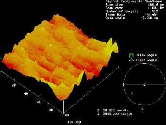 Abbildung 1 a & b: Mikroskopische Aufnahme der Oberfläche eines Stahlbleches (links). Die keilartige Geometrie der Rauigkeit ist bei näherem Zoomen leicht zu erkennen (rechts). Treffen zwei solcher Oberflächen aufeinander, entsteht eine Vielzahl keilförmiger Zwischenräume. Diese Zwischenräume bestimmen maßgeblich die Eigenschaften verwendeter Schmiermittel zur Vermeidung von Reibung. Abbildung 1 a & b: Mikroskopische Aufnahme der Oberfläche eines Stahlbleches (links). Die keilartige Geometrie der Rauigkeit ist bei näherem Zoomen leicht zu erkennen (rechts). Treffen zwei solcher Oberflächen aufeinander, entsteht eine Vielzahl keilförmiger Zwischenräume. Diese Zwischenräume bestimmen maßgeblich die Eigenschaften verwendeter Schmiermittel zur Vermeidung von Reibung.