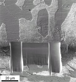 Fig. 2: Microstructure of the investigated pearlitic steel sample after milling. The cross on the right side of the milled area is the alignment marker. The two deeper milled areas left and right have been milled with a coarse beam to avoid shadowing of the EBSD camera.