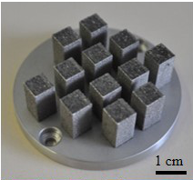 Set of 12 samples for compression testing manufactured from Fe-28Al (at%) powder by SLM. Set of 12 samples for compression testing manufactured from Fe-28Al (at%) powder by SLM.