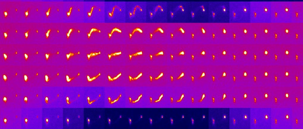 Image montage of Laue reflections recorded on a micron sized Copper bending beam. The elongated peaks indicate massive storage of geometrically necessary dislocations. Image montage of Laue reflections recorded on a micron sized Copper bending beam. The elongated peaks indicate massive storage of geometrically necessary dislocations.