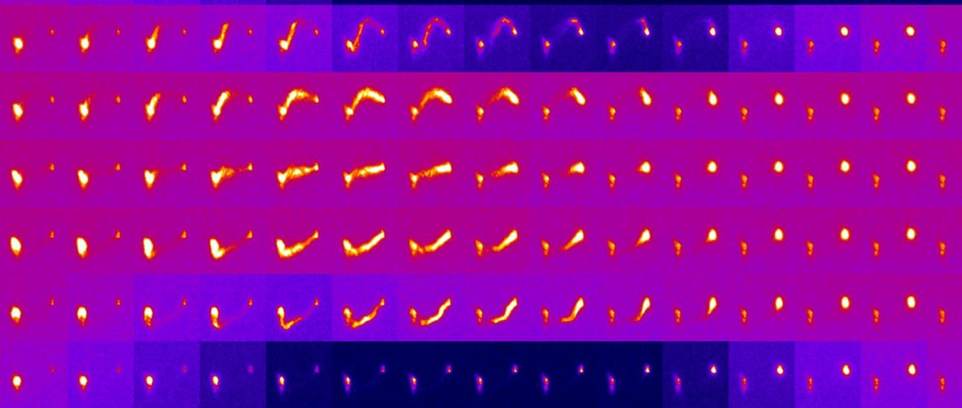 Image montage of Laue reflections recorded on a micron sized Copper bending beam. The elongated peaks indicate massive storage of geometrically necessary dislocations.
