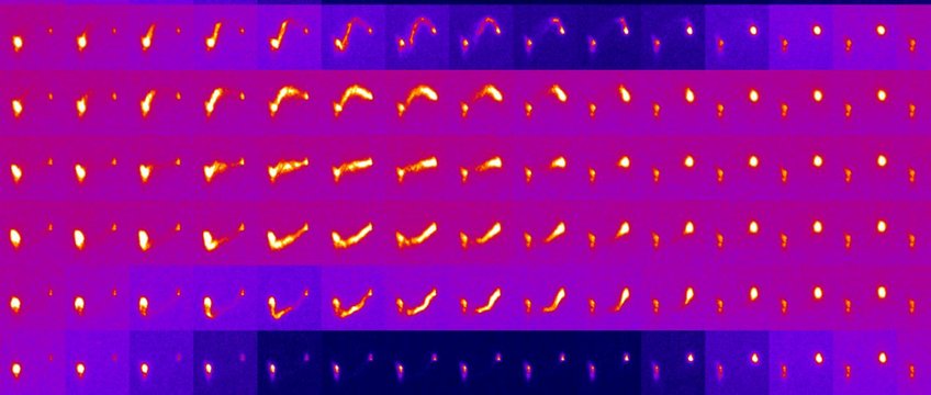 Image montage of Laue reflections recorded on a micron sized Copper bending beam. The elongated peaks indicate massive storage of geometrically necessary dislocations. Image montage of Laue reflections recorded on a micron sized Copper bending beam. The elongated peaks indicate massive storage of geometrically necessary dislocations.