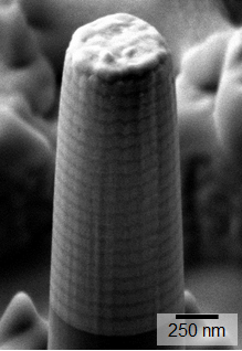 250nm sized micro compression pillar of a multilayered Cu-Cr composite. 250nm sized micro compression pillar of a multilayered Cu-Cr composite.