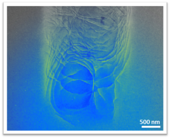 Wear beginning of the wear track in a metallic glass: the motion of the microasperity is upward. Wear beginning of the wear track in a metallic glass: the motion of the microasperity is upward.
