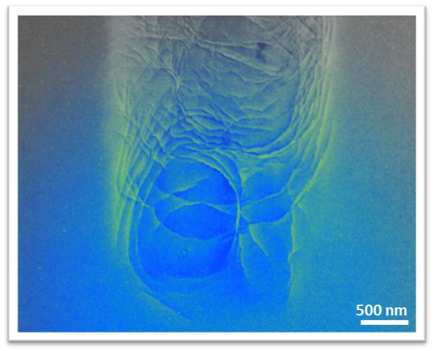 Wear beginning of the wear track in a metallic glass: the motion of the microasperity is upward.