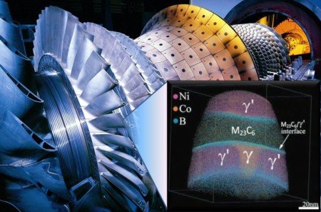 Das Bild zeigt eine Turbinenschaufel aus einer Superlegierung. Der Ausschnitt zeigt eine Probe, welche mit der 3D-Atomsondentomographie analysiert worden ist. Man erkennt deutlich die einzelnen  Atome der Legierungsbestandteile Nickel, Cobalt und Bor.