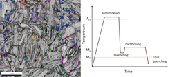 Left: Microstructure of a typical Q&P steel, as measured by EBSD-based ORM. Coloured grains correspond to austenite, bright gray is primary martensite (partitioned), dark gray secondary martensite (non-partitioned).Right: Schematics of the thermal treatment of a Q&P steel. Primary martensite is formed during the first quenching, secondary martensite during the second.