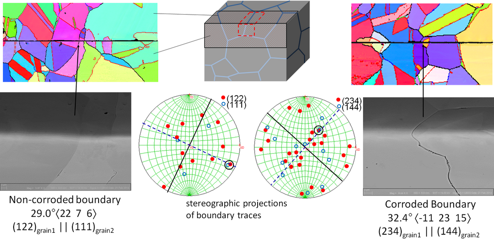 Investigation of grain boundary corrosion of a 304 austenitic stainless steel, immersed into HF-H202 solution. The characterization is done by pseudo-3D EBSD. Two random large angle grain boundaries corrode very different because one has low-indexed boundary planes and the other a more random ones. Investigation of grain boundary corrosion of a 304 austenitic stainless steel, immersed into HF-H202 solution. The characterization is done by pseudo-3D EBSD. Two random large angle grain boundaries corrode very different because one has low-indexed boundary planes and the other a more random ones.