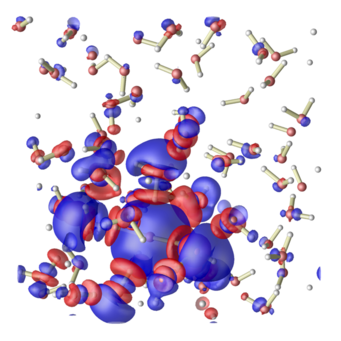 Charge density difference between OH- and the OH radical in water. Charge density difference between OH- and the OH radical in water.