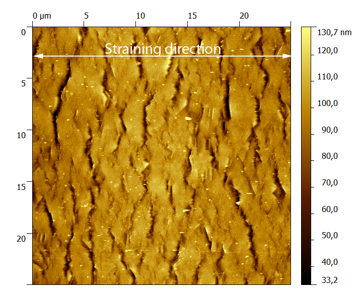 Figure: AFM image of a 200 nm thick Cu film with a 10 nm Cr interlayer on 50 µm polyimide strained to 15 % strain. Cracks and necks (localized thinning) are visible on the Cu surface.