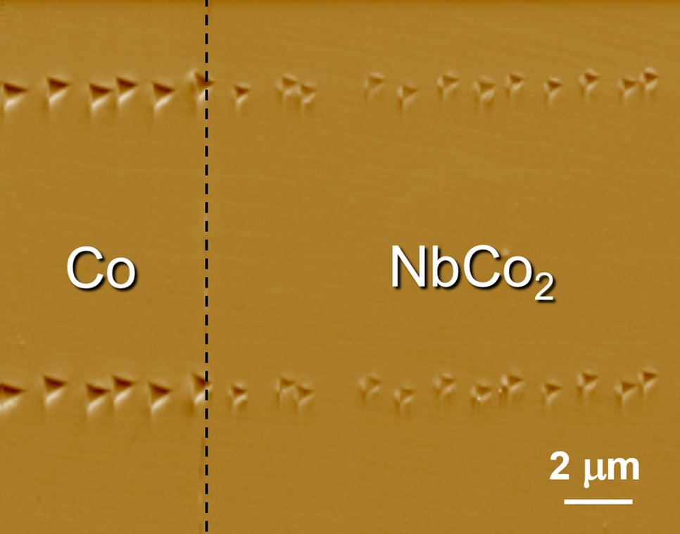 Figure caption: AFM image showing nanoindents on a Co-NbCo2 diffusion couple
