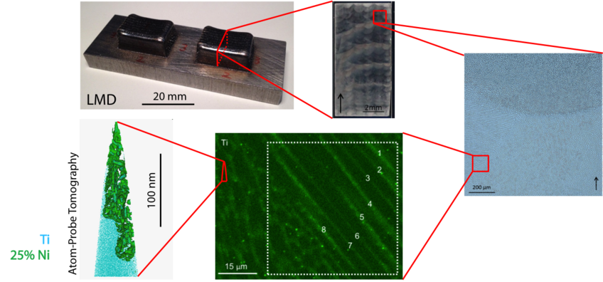 Microstructural hierarchy of a LAM-produced maraging steel, showing the layer-wise build-up of the sample, the cellular solidification structure together with the corresponding microsegregation, and finally, nano-sized intermetallic precipitates which give the material its strength. Microstructural hierarchy of a LAM-produced maraging steel, showing the layer-wise build-up of the sample, the cellular solidification structure together with the corresponding microsegregation, and finally, nano-sized intermetallic precipitates which give the material its strength.