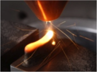 A turbine blade being produced by Laser Metal Deposition (LMD).