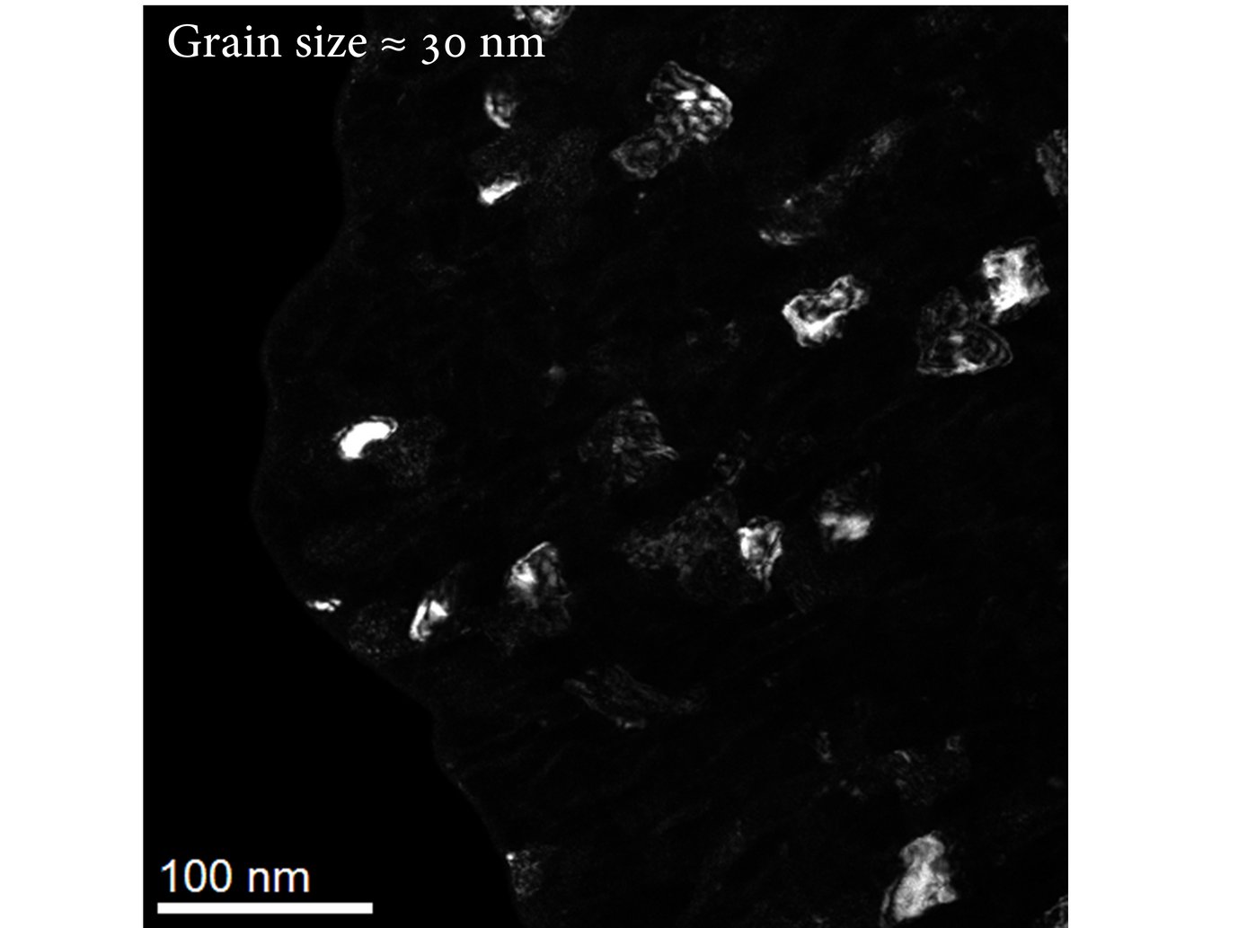 Figure 2: Plan-view dark-field TEM micrograph of a single phase bcc Cu-Cr alloy film with an average grain size of roughly 30 nm.