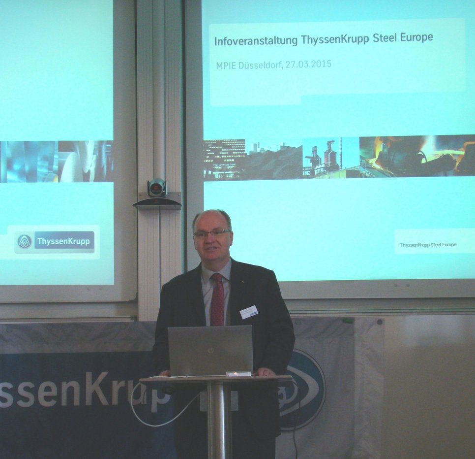 Dr. Harald Hofmann, project coordinator Research &amp; Development at ThyssenKrupp Steel Europe, was a PhD student in the MPIE department “Materials Technology“ and gave the current MPIE students important hints on a career path from a research institute like the MPIE to a company like ThyssenKrupp.