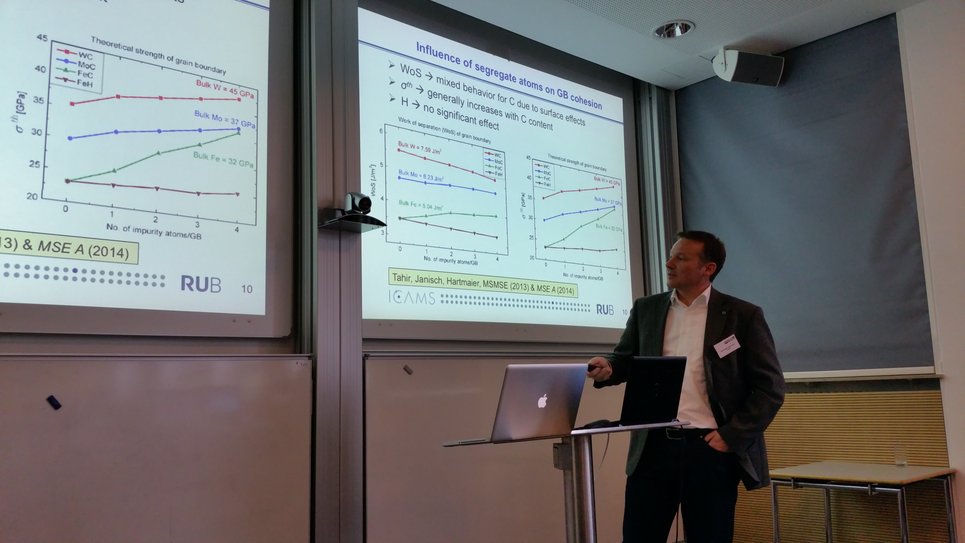 Prof. Hartmaier (ICAMS) during his talk about a recent research project concerning materials simulation and hydrogen embrittlement.