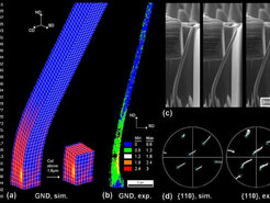 Figure 26: a) Predicted density of the geometrically necessary dislocations during nanowire bending in units of µm−2. b) Experimentally determined geometrically necessary dislocation density, quantified in terms of the average local orientation gradient determined via high resolution EBSD. c) Subsequent scenes taken during bending. d) Pole figures of the bent nanowire obtained from experiment and simulation. The predictions were used to determine the exact boundary conditions that occurred during testing. The crosses indicate the initial orientation. CD: Cross Direction; IBD: Inverse Bending Direction. Bending took place in negative Y-direction.