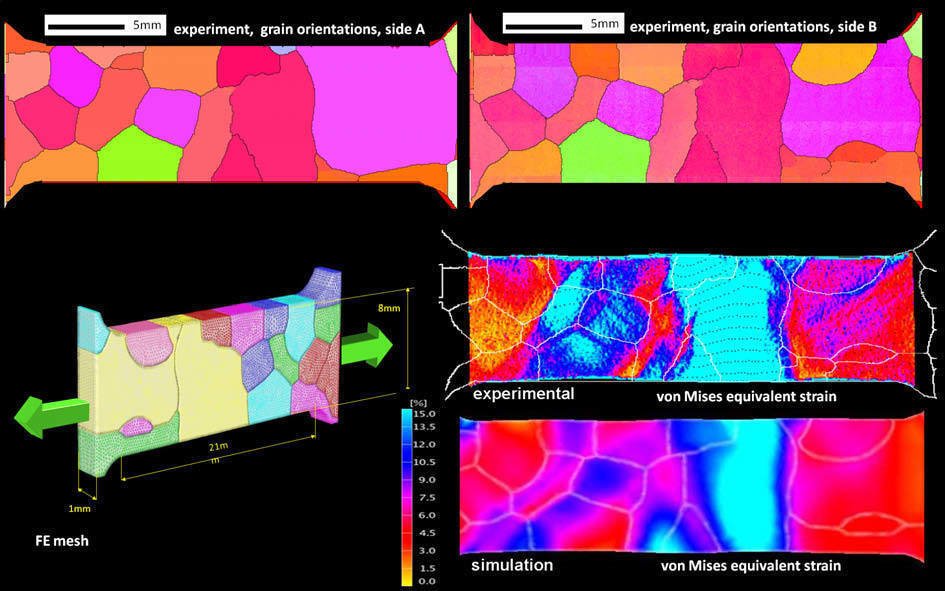 Figure 36: Study by Zhao et al. on plastic strain localization and deformation-induced surface roughening in a 3D aluminum polycrystal consisting of a small assembly of coarse grains (oligocrystal) [32].