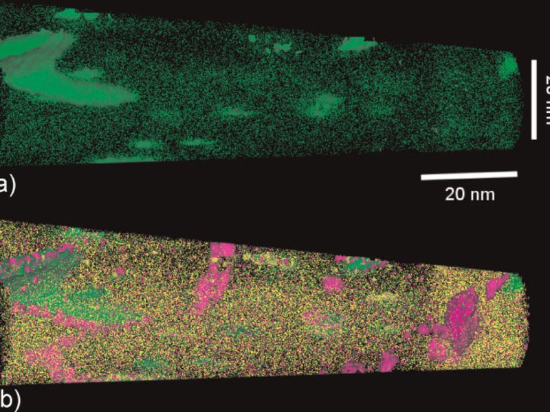 Figure 6: ATP measurements (IMAGO LEAP 3000x HR) conducted on the maraging
alloy with 9wt% Mn. (a) Atomic distribution of the Ni content (green). The shaded
zones indicate atomic Ni concentrations above 20 at.%. (b) Distribution of the Ni
(green), Al (yellow), and Ti (magenta) clusters together with Al atoms (yellow). The
shaded zones indicate an atomic Ni (green) concentration above 20 at.%, an atomic Al
(yellow) concentration above 10 at.%, and an atomic Ti (magenta) concentration above 5
at.%. (a) (b)