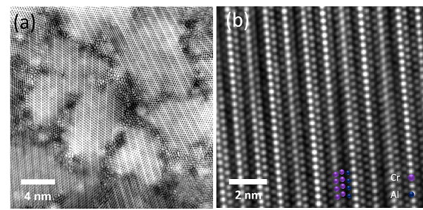 Figure 1. (a) Annular bright field STEM image of Mo2BC. (b) HRTEM image of Cr2AlC. Figure 1. (a) Annular bright field STEM image of Mo2BC. (b) HRTEM image of Cr2AlC.