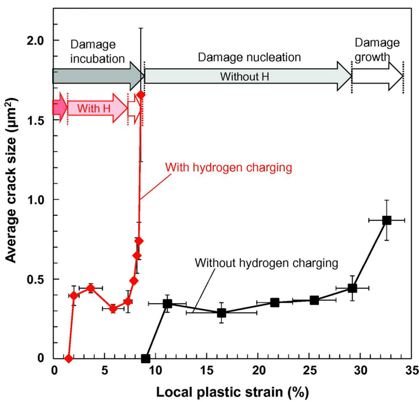 Damage evolution curves plotted against local plastic strain with and without hydrogen charging: average crack size Damage evolution curves plotted against local plastic strain with and without hydrogen charging: average crack size