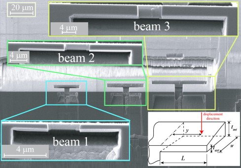 Fig. 1: SEM images of three cantilever beams with different thickness from the oblique and transverse views. The schematic drawing shows the beam geometry and naming convention. The symbols w, tint, text, L, yexerted and ymeasured refer to the width, interior thickness, exterior thickness, length, exerted moment arms and measured moment arms, respectively, as determined by SEM. Fig. 1: SEM images of three cantilever beams with different thickness from the oblique and transverse views. The schematic drawing shows the beam geometry and naming convention. The symbols w, tint, text, L, yexerted and ymeasured refer to the width, interior thickness, exterior thickness, length, exerted moment arms and measured moment arms, respectively, as determined by SEM.
