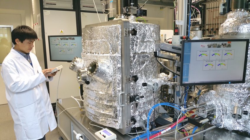 Dr. Jianjun Li is developing multi-nanolayers for micropillar compression using physical vapour deposition for the sample preparation. Dr. Jianjun Li is developing multi-nanolayers for micropillar compression using physical vapour deposition for the sample preparation.