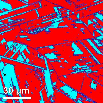 A strong alloy made of iron, manganese, cobalt and chrome becomes ductile because it can have two coexisting crystal structures, and one structure can transform into the other. The two crystal structures can be identified by the two different colours in this cross section of the material, which was produced with the aid of electron backscatter diffraction. A strong alloy made of iron, manganese, cobalt and chrome becomes ductile because it can have two coexisting crystal structures, and one structure can transform into the other. The two crystal structures can be identified by the two different colours in this cross section of the material, which was produced with the aid of electron backscatter diffraction.