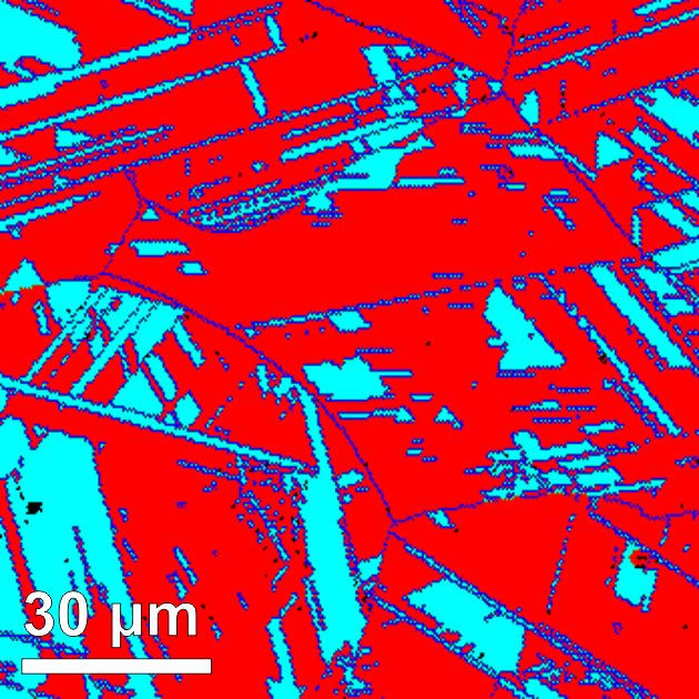 A strong alloy made of iron, manganese, cobalt and chrome becomes ductile because it can have two coexisting crystal structures, and one structure can transform into the other. The two crystal structures can be identified by the two different colours in this cross section of the material, which was produced with the aid of electron backscatter diffraction.