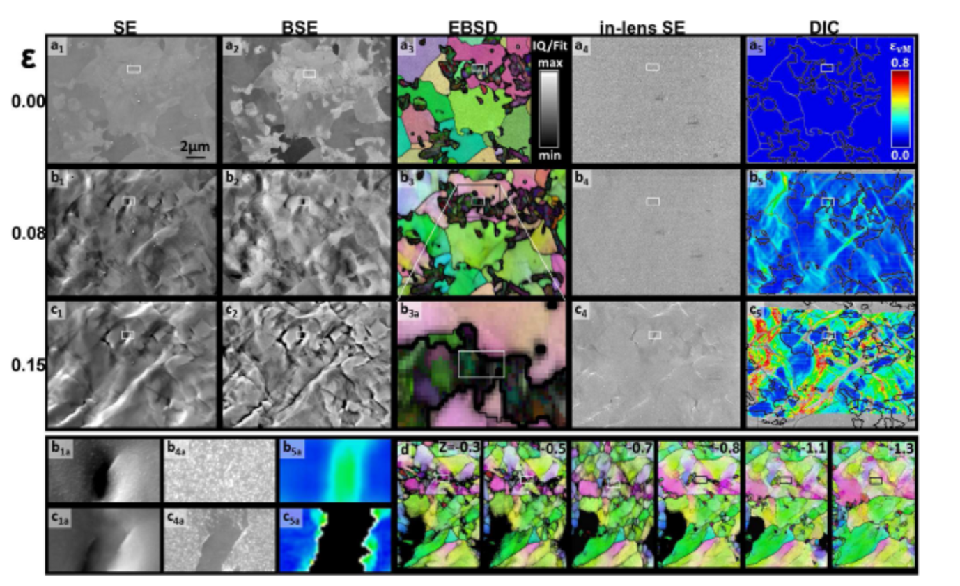 Fig: Results of the coupled strain and microstructure mapping methodology applied to DP steel at (a) 0, (b) 0.08 and (c) 0.15 tensile strain. Corresponding SE, BSE, EBSD ÿ IPF + IQ + Boundary, in-lens SE and DIC images are shown respectively in column 1–5. SE, in-lens SE and DIC images corresponding to a damage incident (from the area marked by the white box in all sub-figures) are shown in (b, c) Results of the post-mortem serial sectioning showing the microstructure underneath in terms of EBSD IPF + Fit maps are given in (d), where the through-thickness position Z is given in um.