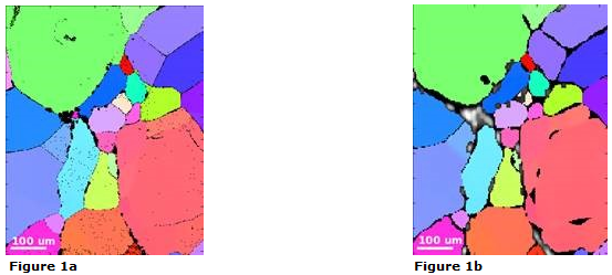 Figure 1a: EBSD orientation map from the surface of a NaCl polycrystal. Figure 1b: Corresponding slice through the 6D-DCT reconstruction [2]
