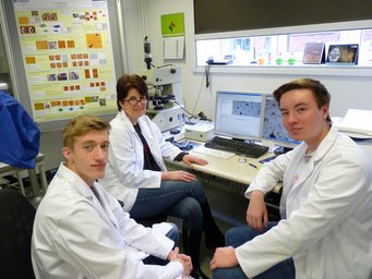 Heidi Bögershausen mit Till Freieck (rechts) und Luca Bender im Labor. Heidi Bögershausen mit Till Freieck (rechts) und Luca Bender im Labor.
