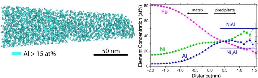 Atom probe measurement of the newly developed Fe-Ni-Al steel showing the high number density of NiAl precipitates visualized by drawing an isoconcentration surface at 15 at% Al. Corresponding proximity histogram plotting the chemical composition as a function of the distance to the isoconcentration surface.