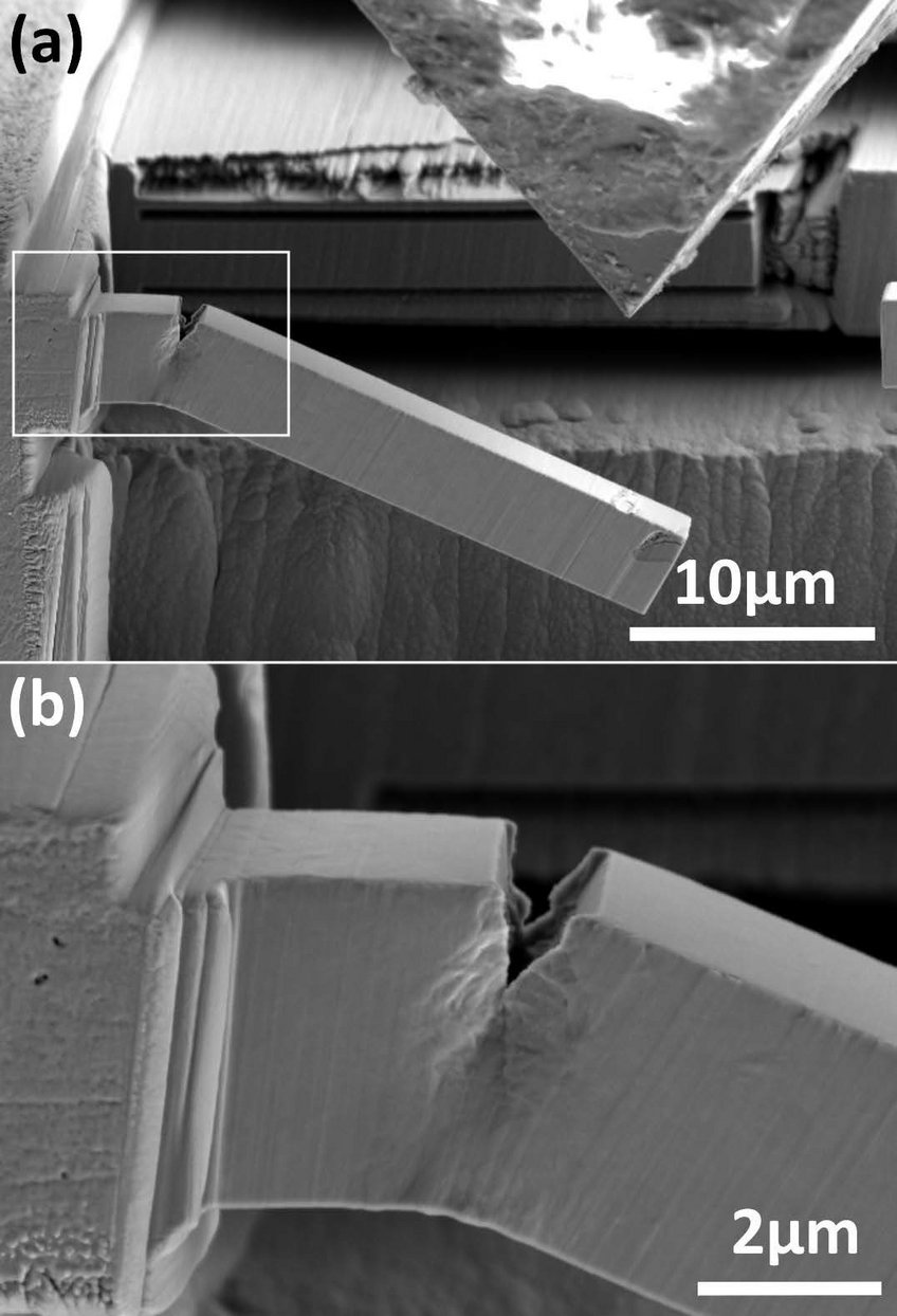 Mikromechanische Versuche zeigen die außerordentlichen Eigenschaften des hochverformten Gefüges. Das Bild zeigt einen hochverformten Bereich im Rad-Schiene-Kontakt Mikromechanische Versuche zeigen die außerordentlichen Eigenschaften des hochverformten Gefüges. Das Bild zeigt einen hochverformten Bereich im Rad-Schiene-Kontakt