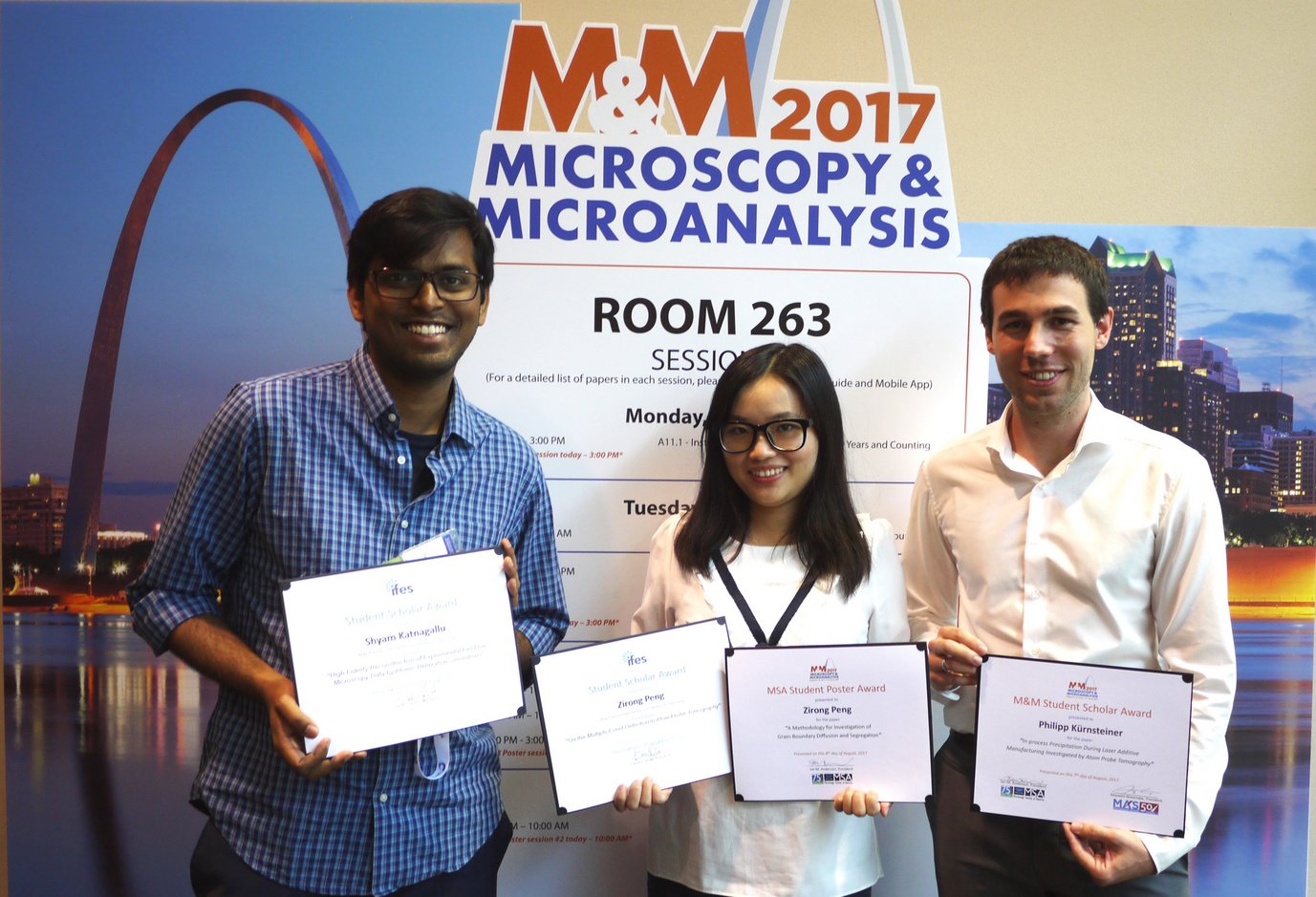 Shyam Katnagallu, Zirong Peng and Philipp Kürnsteiner (from the left), doctoral students at the MPIE, won various awards at the “Microscopy and Microanalysis 2017 Meeting” (M&amp;M), which took place from the 6th to the 9th of August in St. Louis, USA.