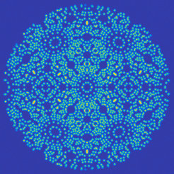 Convex-hull based simulation of a field ion micrograph obtained for a 20nm-radius body centred cubic needle-shaped specimen. Colour scheme indicates various intensities of imaged atoms. Such images are being used to train a machine-learning algorithm to automatically extract atomic positions at the specimen’s surface and help reconstruct true atomically-resolved tomograms from FIM.