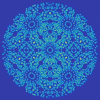 Convex-hull based simulation of a field ion micrograph obtained for a 20nm-radius body centred cubic needle-shaped specimen. Colour scheme indicates various intensities of imaged atoms. Such images are being used to train a machine-learning algorithm to automatically extract atomic positions at the specimen’s surface and help reconstruct true atomically-resolved tomograms from FIM. Convex-hull based simulation of a field ion micrograph obtained for a 20nm-radius body centred cubic needle-shaped specimen. Colour scheme indicates various intensities of imaged atoms. Such images are being used to train a machine-learning algorithm to automatically extract atomic positions at the specimen’s surface and help reconstruct true atomically-resolved tomograms from FIM.