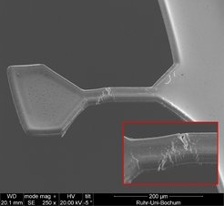 Micro tensile specimen after deformation. The inset shows crack initiation at surface defects of the sample.