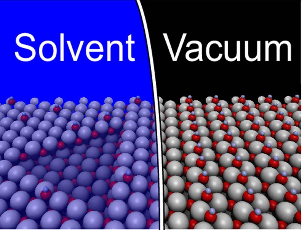The figure shows how water shapes the surface which is completely smooth in vacuum. Geometric structures, like the triangle shown on the left appear under the influence of water. Grey spheres represent zinc atoms, red oxygen atoms and blue hydrogen atoms.