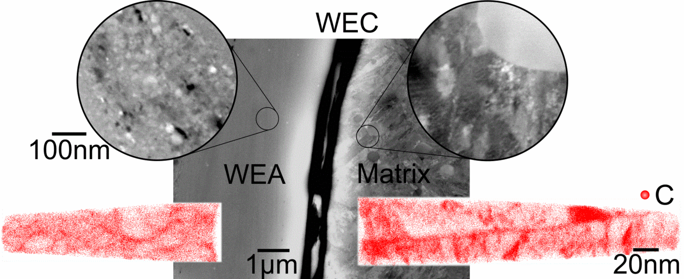 Fig.: Multi-scale ECCI+APT characterization of WECs in 100Cr6 bearing steel.