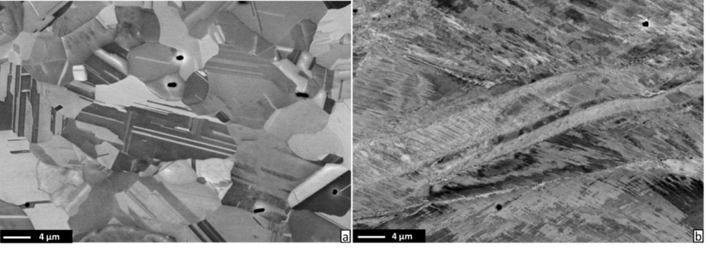 Figure 2 Microstructures of (a) interstitial-free and (b) C alloyed CoCrNi MEA after cold rolling and subsequent annealing at 800 °C for 10 min. Figure 2 Microstructures of (a) interstitial-free and (b) C alloyed CoCrNi MEA after cold rolling and subsequent annealing at 800 °C for 10 min.