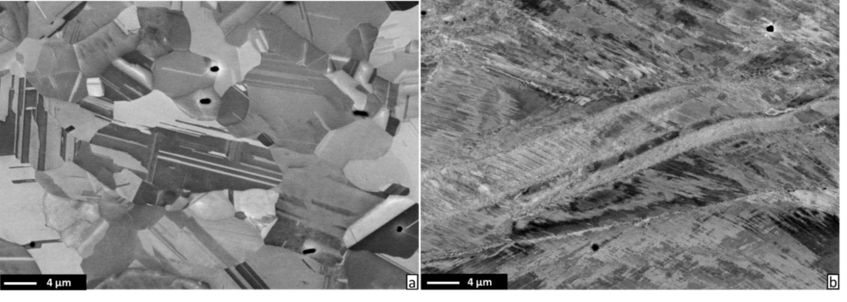 Figure 2 Microstructures of (a) interstitial-free and (b) C alloyed CoCrNi MEA after cold rolling and subsequent annealing at 800 °C for 10 min. Figure 2 Microstructures of (a) interstitial-free and (b) C alloyed CoCrNi MEA after cold rolling and subsequent annealing at 800 °C for 10 min.