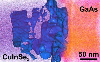 The APT analysis shows the GaAs substrate from which Ga atoms diffuse into the CuInSe2 film. The blue surfaces mark defects that have a smaller Cu concentration than the CuInSe2 matrix. The APT analysis shows the GaAs substrate from which Ga atoms diffuse into the CuInSe2 film. The blue surfaces mark defects that have a smaller Cu concentration than the CuInSe2 matrix.
